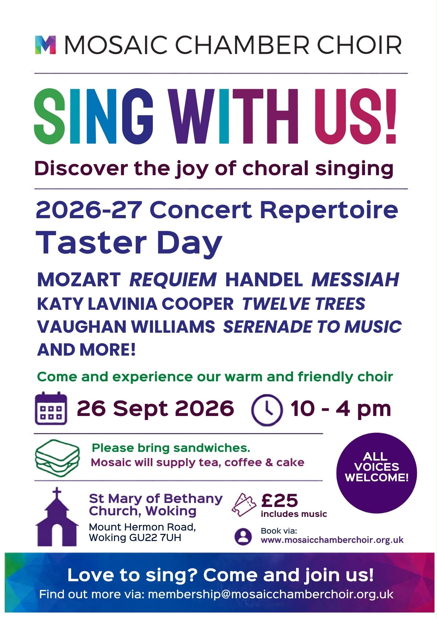 Sing with us! Mosaic Taster Day - a singing workshop exploring our 2026-27 repertoire Sing with us! Mosaic Taster Day - a singing workshop exploring our 2026-27 repertoire